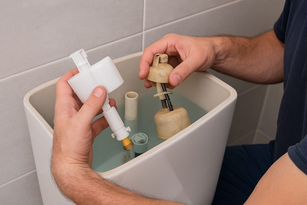 Handwerker tauscht verkalkten Schwimmer aus - Toilettenspülung läuft - Sanitär Notdienst Fabeos